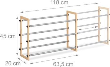 Relaxdays Schuhregal ausziehbar, offener Schuhständer mit 2 Ebenen, Holz & Eisen, erweiterbar bis 118 cm Breite, Natur (3 Etagen)