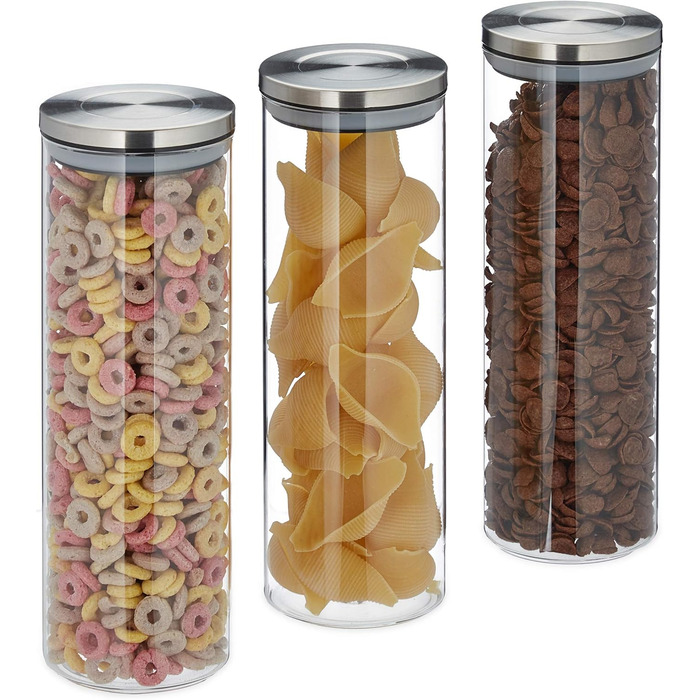Relaxdays Vorratsglas 3er Set, luftdicht, Edelstahl Deckel, 1,8 l, für Pasta, Müsli & Reis, transparent