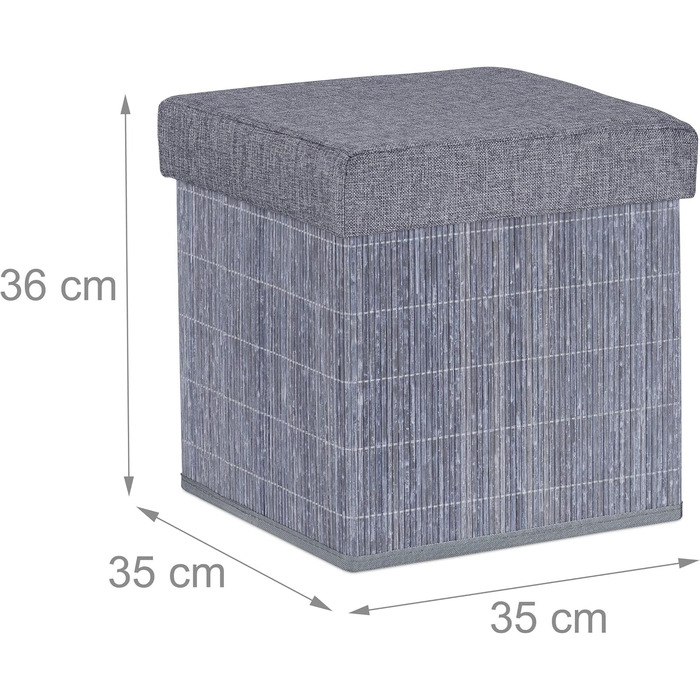 Relaxdays Sitzhocker mit Stauraum, faltbar, Bambus, Stoff, 36x35x35 cm, grau