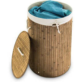 Relaxdays Wäschekorb Bambus, faltbar, Deckel, 70 l, Baumwoll-Wäschesack, rund Ø 41 cm, natur