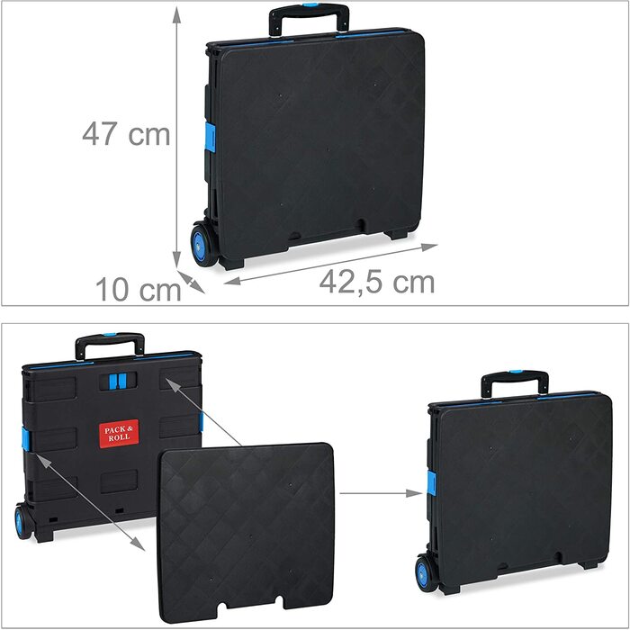 Relaxdays Einkaufstrolley klappbar, bis 35 kg, 50 l Kiste, mit Teleskopgriff, 2 Rollen, Transport Trolley, blau/schwarz
