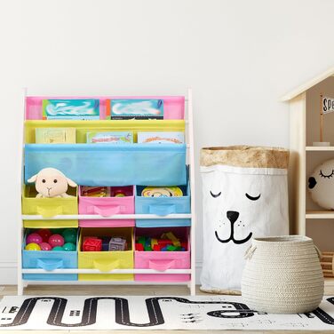 Relaxdays Kinderregal mit 6 Boxen, 2 Taschen, Spielzeugregal, HBT: 74x62,5x31 cm, bunt