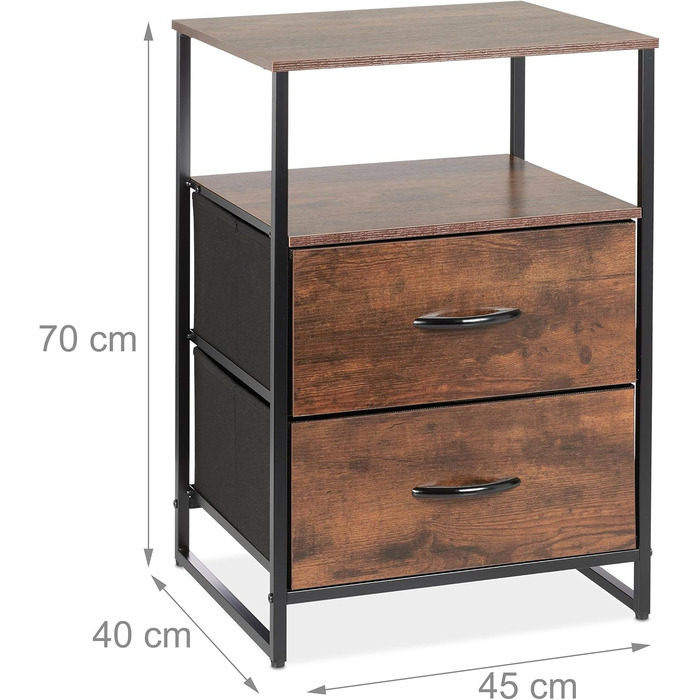 Relaxdays Nachttisch Industrial, 2 Ablagen, 2 Schubladen, Holzoptik, 70x45x40 cm, schwarz/braun