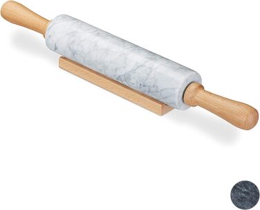 Relaxdays Nudelholz Marmor, Griffe aus Holz, Teigroller zum Kochen & Backen, mit Ablage, 48 cm, schwere Backrolle, weiß