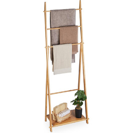 Relaxdays Handtuchständer Bambus, 4 Stangen, 1 Ablage, freistehend, HBT: 153x53,5x30 cm, Natur