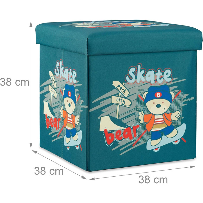Relaxdays Sitzhocker für Kinder, faltbar, mit Stauraum, Aufbewahrungsbox mit Deckel, HxBxT 38 x 38 x 38 cm, Bär