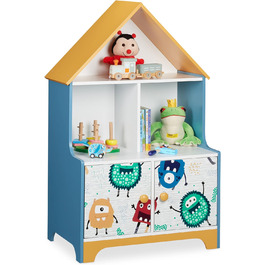 Relaxdays Kinderregal, 5 Fächer für Spielzeug, Monstermotiv, HBT: 100 x 63,5 x 40 cm, Kinderzimmerregal mit Türen, bunt