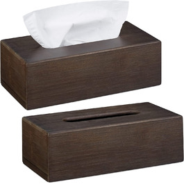 Relaxdays 2 x Kosmetiktuchbox nachfüllbar, Taschen- & Kosmetiktücher, Bambus Tücherbox, HBT: 9 x 27,5 x 15,5 cm, Dunkelbraun