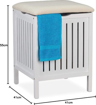 Relaxdays Wäschekorb mit Sitz, Landhausstil, 40 l, Holz & Stoff, Badhocker, 55x41x41 cm, weiß