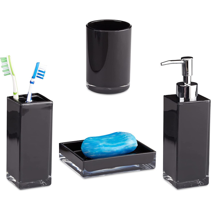Relaxdays Badaccessoires Set 4-teilig, modern, Zahnputzbecher, Zahnbürstenhalter, Seifenspender, Seifenschale, schwarz, 9 x 12 x 19.5 cm