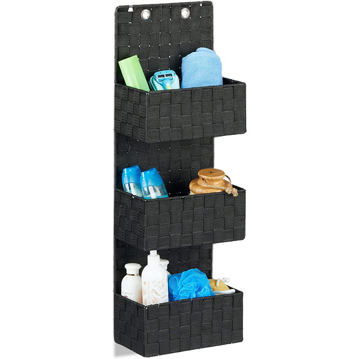 Relaxdays Hängeorganizer Stoff, Türorganizer mit 3 Aufbewahrungskörben, Wandorganizer Bad, PP, HBT: 75x25x15cm, (15 x 25 x 75 cm, Schwarz)