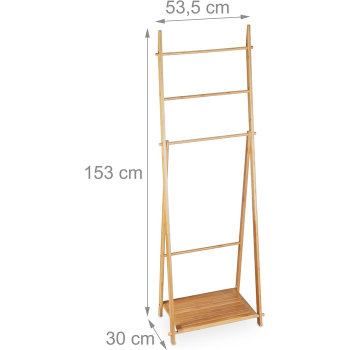 Relaxdays Handtuchständer Bambus, 4 Stangen, 1 Ablage, freistehend, HBT: 153x53,5x30 cm, Natur