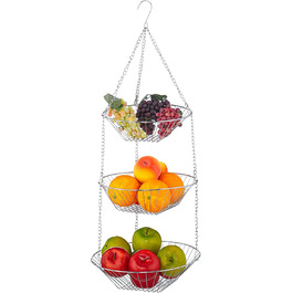 Relaxdays Hängekorb 3 Etagen, Obstkörbe, 3er Etagere für Decke, platzsparend in Küche, Stahl, silber, 73x28x28cm