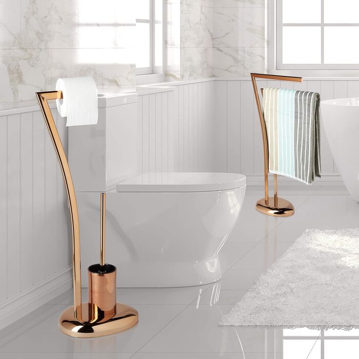 Relaxdays Stand WC Garnitur WIMEDO HBT: 75 x 21 x 26 cm Toilettenbürstenhalter aus Edelstahl mit Kupfer Lackierung Toilettenpapierhalter und Klorollenhalter als freistehende WC Bürstengarnitur, Kupfer