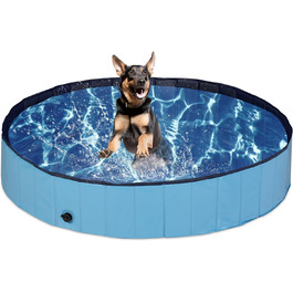 Relaxdays Hundepool, H x D: 30 x 160 cm, faltbar, mit Ablassventil, Hundeplanschbecken zur Abkühlung, PVC & MDF, blau
