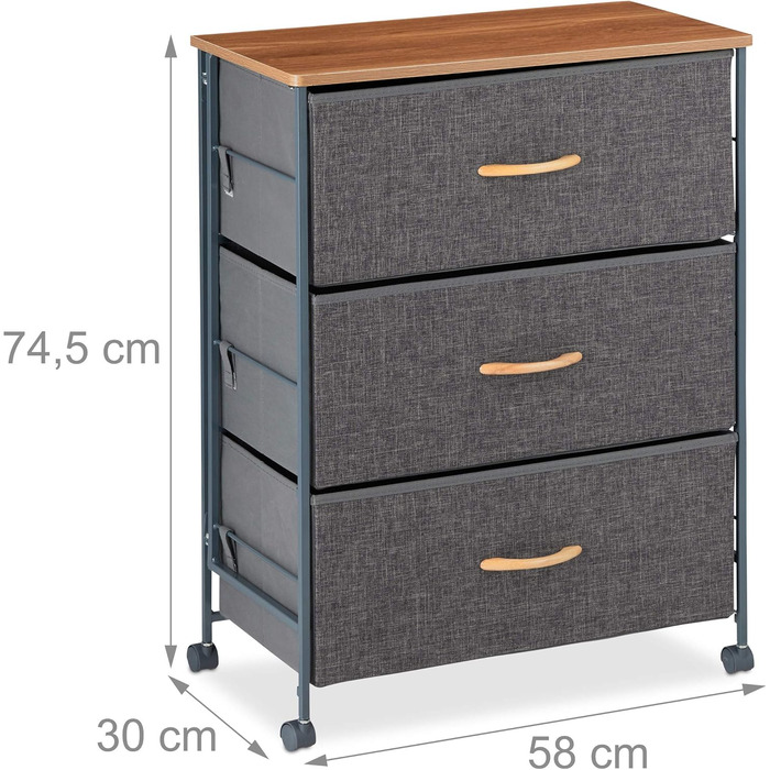 Relaxdays Roll-Schubladenschrank, 6 Stoffschubladen, Holzoptik, 74,5x58x30 cm, grau (Design A)