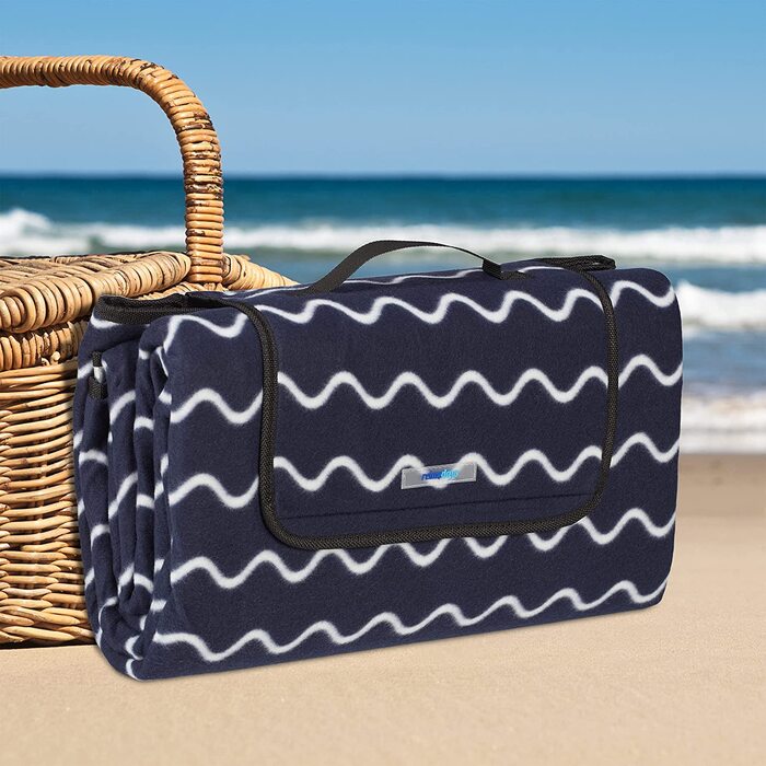 Relaxdays XXL Picknickdecke, 200x200 cm, Fleece Stranddecke, wärmeisoliert, wasserdicht, mit Tragegriff, dunkelblau/weiß