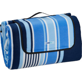 Relaxdays XXL Picknickdecke, 200x300 cm, wasserdichte Unterseite, Tragegriff, Fleece Isolierdecke, gestreift, blau-weiß