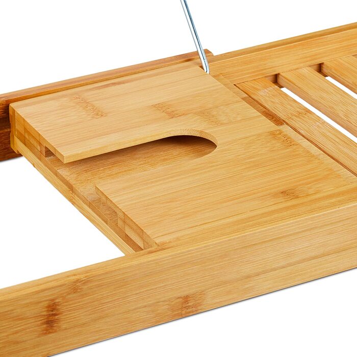 Relaxdays Badewannenablage Bambus mit Buchstütze HxBxT 17,5 x 70 x 22 cm, Weinglashalter, Badewannenbrett, Ablage, natur