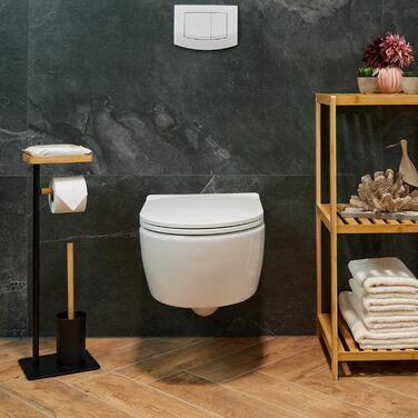 Relaxdays WC Garnitur, Bambus, Eisen, freistehender Klopapierhalter, Toilettenbürste mit Halter, schwarz/Natur
