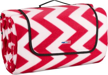 Relaxdays XXL Picknickdecke, 200x300 cm, isolierte Unterseite, Tragegriff, Fleece Stranddecke, Zickzack, weich, rot/weiß