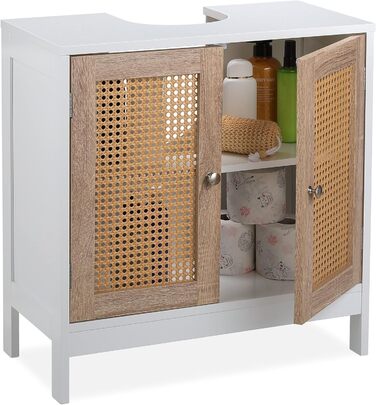 Relaxdays Waschbeckenunterschrank, 60 cm, 2 Fächer, Siphon-Aussparung, Rattan-Türen, weiß/Natur