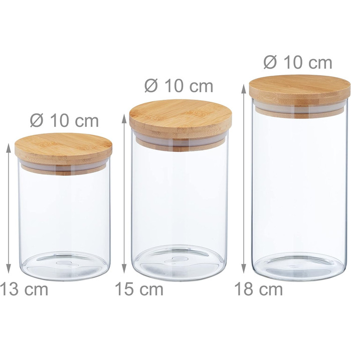 Relaxdays Vorratsgläser, 6er Set, 650 ml, 800 ml & 1 l, luftdicht, transparent/natur