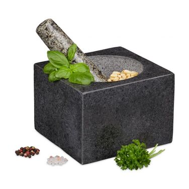 Relaxdays Eckiger Mörser mit Stößel aus Granit