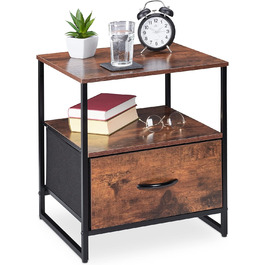 Relaxdays Nachttisch Industrial, 2 Ablagen, Schublade, Metall & MDF, 50x45x40cm, schwarz/braun