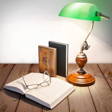 Relaxdays Bankerlampe Holzfuß grün Klassiker Schreibtischlampe – Retro Tischlampe Banker Lampe Messing-Optik & geschwungenen Verzierungen der 30er Jahre – Holz Gals Metall – 26,5 x 43 x 18 cm – E27