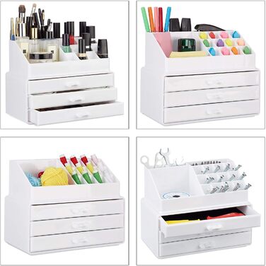 Relaxdays Make Up Organizer klein, 2-teilige Schminkaufbewahrung mit Schubladen, stapelbares Kosmetikregal,  1 Stück (Weiß)