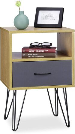 Relaxdays Retro Nachtschrank, Schublade, Holzoptik, Metallbeine, Vintage, 60x40x35 cm, braun