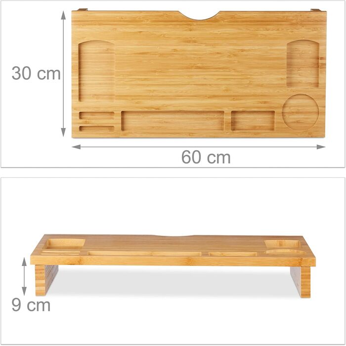 Relaxdays Monitorständer Bambus, Bildschirmerhöhung mit Stauraum, 9x60x30cm