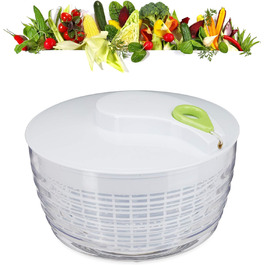 Relaxdays 10024697 Salatschleuder zum Ziehen, Profi Salad Spinner, großer Salattrockner, XXL Salatkarusssel 7 Liter, weiß-grün