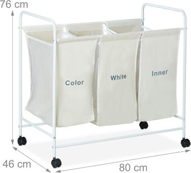 Relaxdays Wäschesortierer, 3 beschriftete Fächer, Rollen zum Feststellen, Volumen 100 Liter, HxBxT 76 x 80 x 46cm, beige, 1 Stück