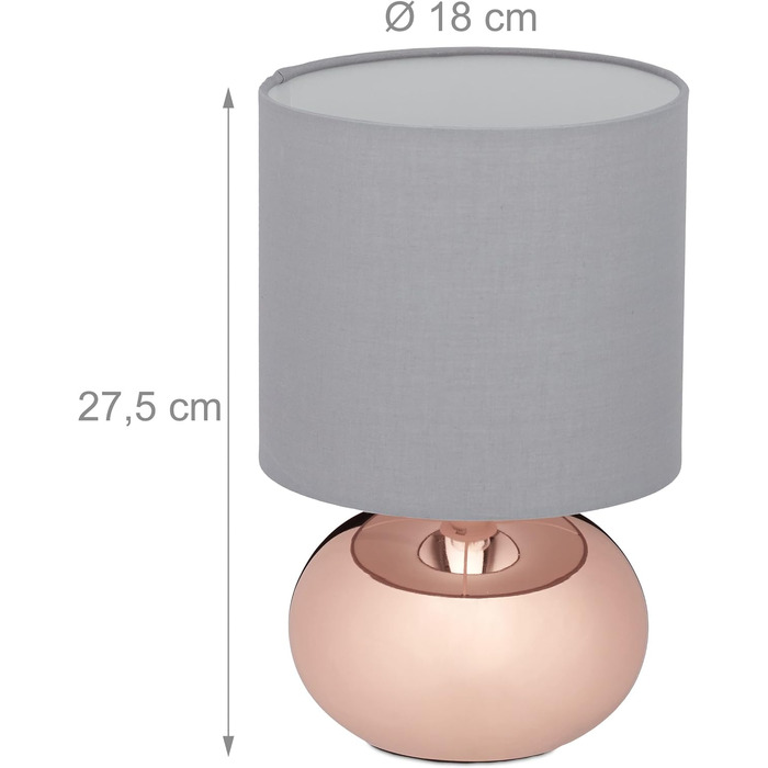 Relaxdays Tischlampe, runde Nachttischlampe mit Touch, HxD: 27,5 x 18 cm, E14, Tischleuchte mit Stoffschirm, (Kupfer/Grau)