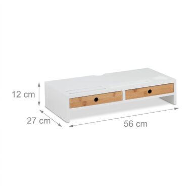 Relaxdays Monitorständer, 2 Schubladen, PC-Erhöhung, 12x56x27 cm, Bambus & MDF, weiß/Natur