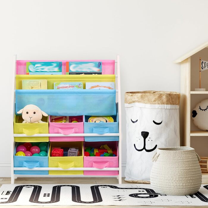 Relaxdays Kinderregal mit 6 Boxen, 2 Taschen, Spielzeugregal, HBT: 74x62,5x31 cm, bunt