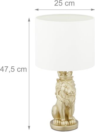 Relaxdays Tischlampe Löwe, Tischleuchte mit Stoffschirm, E27, prunkvolle Nachttischlampe, H x D: 47,5 x 25 cm, weiß/gold
