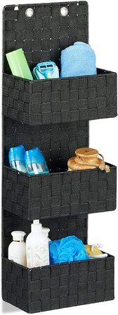 Relaxdays Hängeorganizer Stoff, Türorganizer mit 3 Aufbewahrungskörben, Wandorganizer Bad, PP, HBT: 75x25x15cm, (15 x 25 x 75 cm, Schwarz)