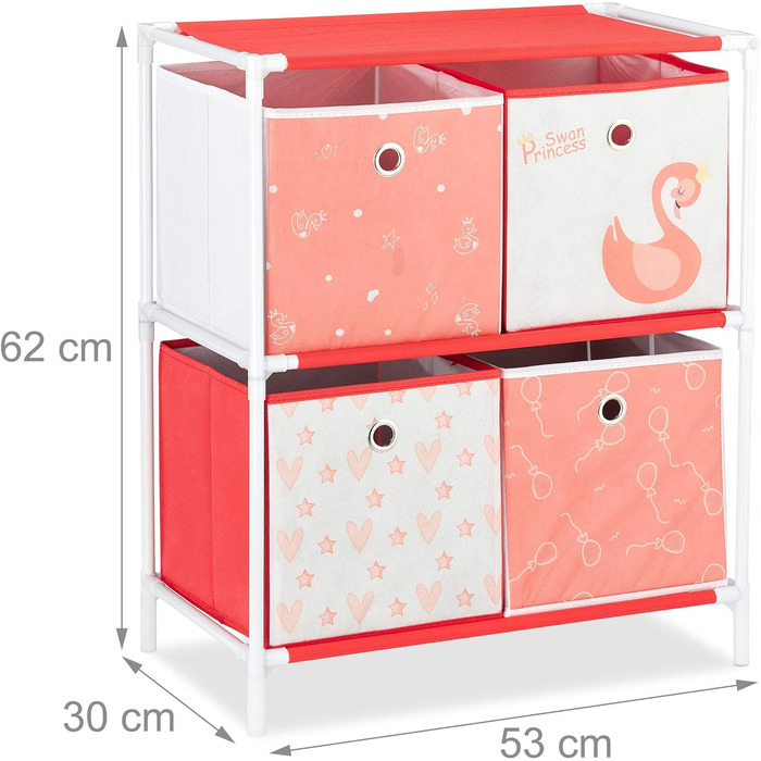 Relaxdays Kinderregal mit 4 Boxen, Spielzeug, Mädchen, Schwan-Design, Regal Kinderzimmer, HBT: 62 x 53 x 30 cm, weiß/rot