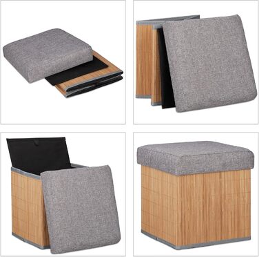 Relaxdays faltbarer Sitzhocker mit Stauraum, gepolstert, Bambus, 36x35x35 cm, Natur/Grau