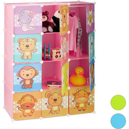 Relaxdays,  Steckregal Kinderzimmer, Tiermotive, Jungen, Türen, Kleiderstangen, Kunststoff Kleiderschrank, 145x110cm, 60%, Standard (Rosa)