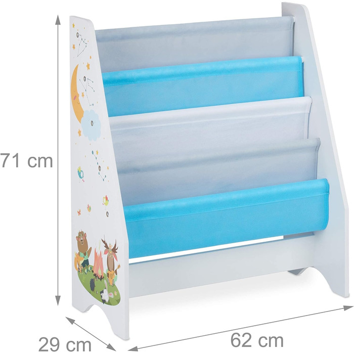Relaxdays Kinder Bücherregal, 4 Hängefacher, Lagerfeuer Kindermotiv, Bücheraufbewahrung, HBT: 71x62x29 cm, mehrfarbig