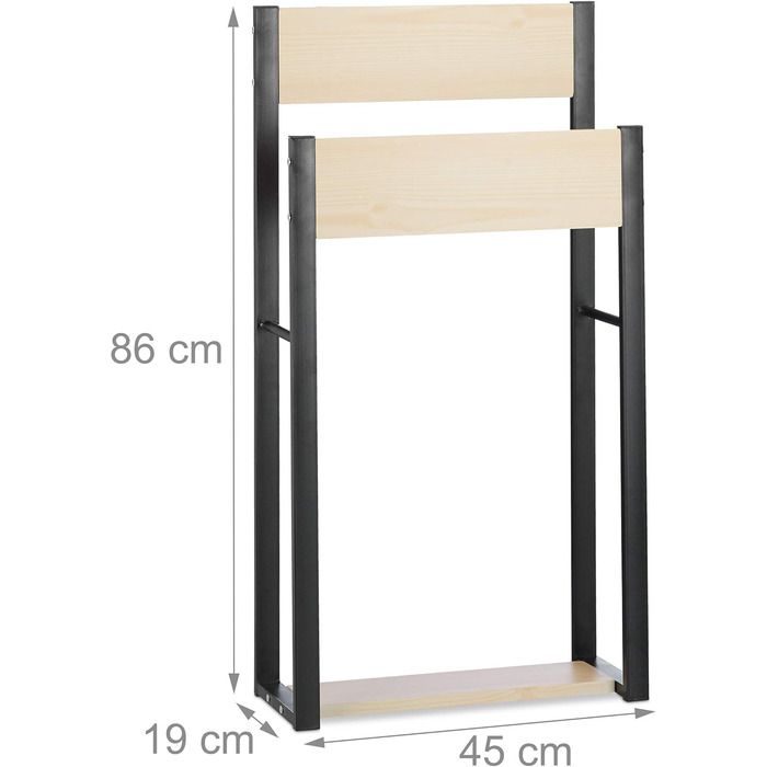 Relaxdays Handtuchhalter stehend, U-Design, 2 Ablagen, HxBxT: 86x45x19 cm, Holz + Stahl, natur