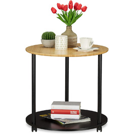 Relaxdays runder Beistelltisch mit Rollen, modernes Design, Bambus, HxD: 59 x 60 cm, schwarz/natur