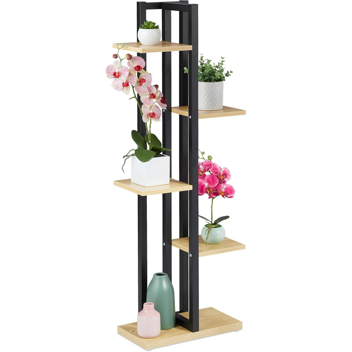 Relaxdays Pflanzenregal, Blumentreppe 5 Ablagen, 117x43x22 cm, Stahl/MDF, innen, Hellbraun