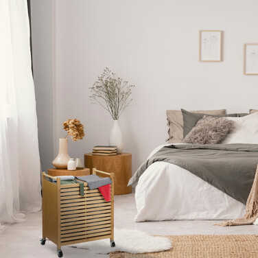 Relaxdays Bambus Wäschekorb mit Rollen
