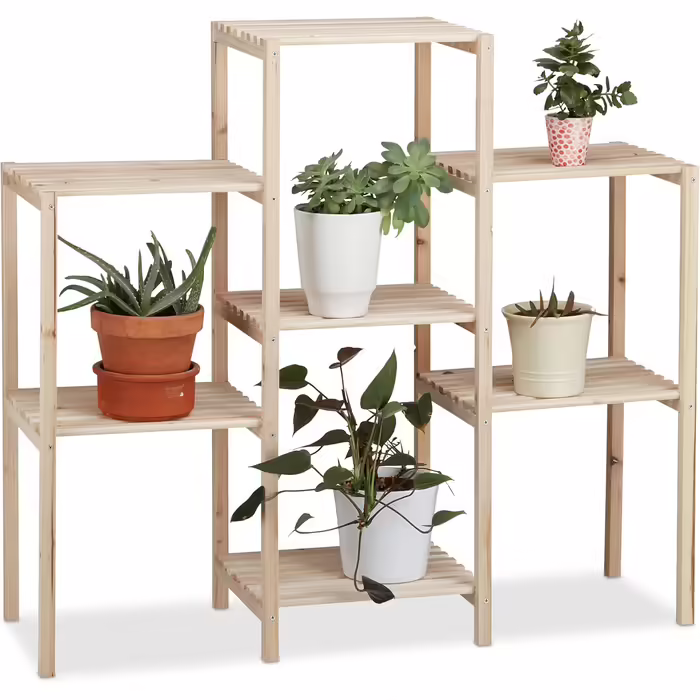 Relaxdays Pflanzenregal Holz, stabil, rustikal, rostfrei, 86x95x29 cm, natur