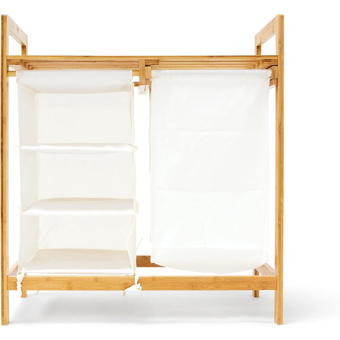 Relaxdays Wäschesammler Linea Bambus HxBxT: ca. 77 x 69,5 x 36 cm Wäschepuff mit 40 Litern Volumen 2 Ablagen und 3 Fächern als Wäschebehälter mit Wäschesack aus weißem Stoff und 2 Griffen, natur Single